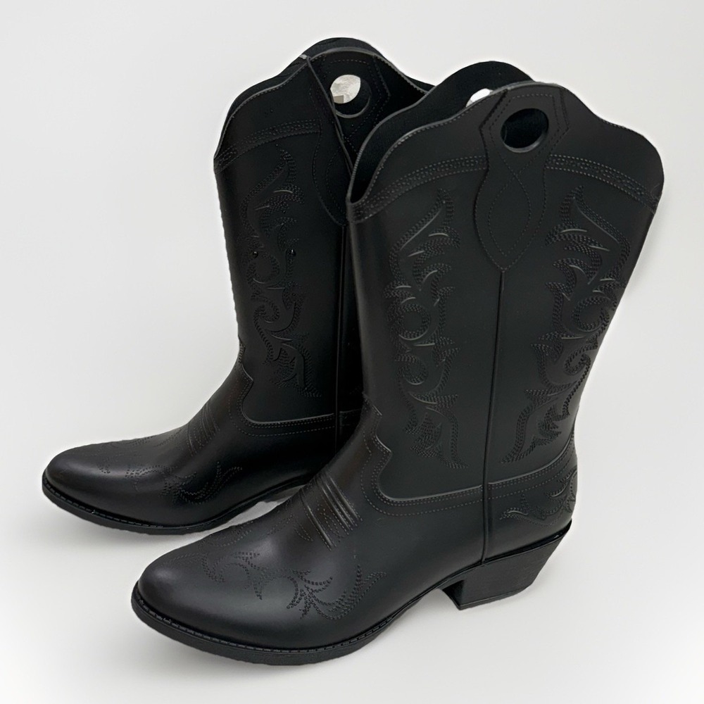 Womans Cowboy Rubber Rain Boots Sz 8 Black Pull On Water Resistant Southwestern